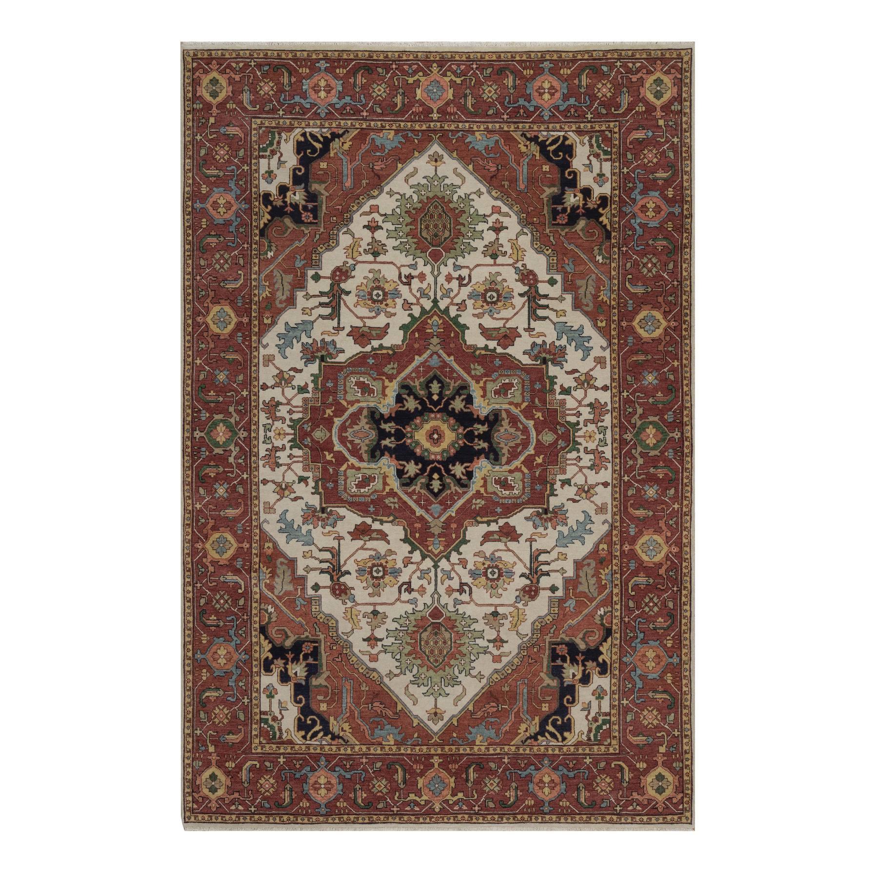 6'x9' Chiffon White, Antiqued Fine Heriz Re-Creation with Medallion Design, Hand Knotted, Hand Spun New Zealand Wool, Soft Pile, Vegetable Dyes, Oriental Rug 
